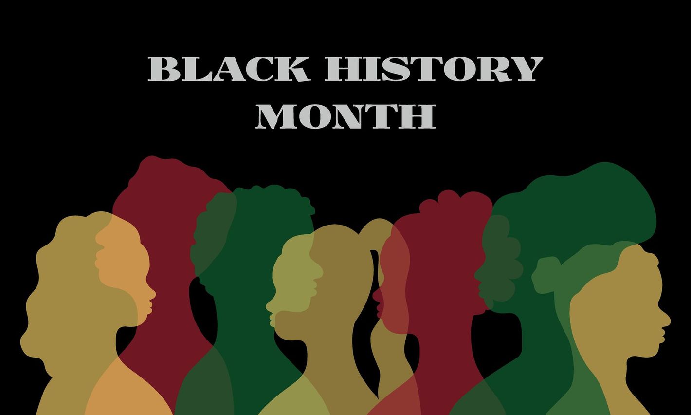 Black History Month graphic: Silhouettes of diverse people in shades of green, red, and gold, with text