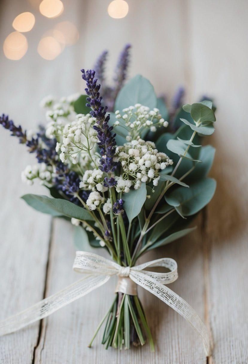 Small lavender and eucalyptus bouquet tied with a white ribbon on a rustic wooden surface