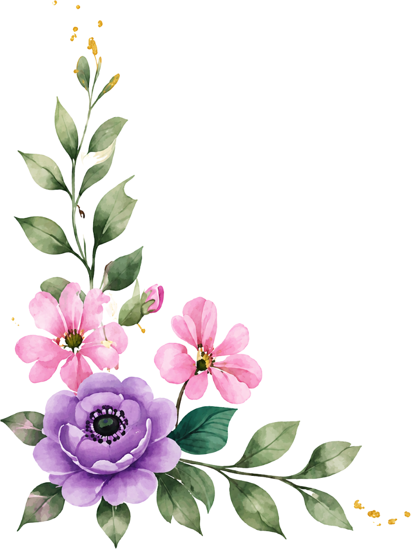 Watercolor floral bouquet with purple and pink flowers and green leaves on a white background