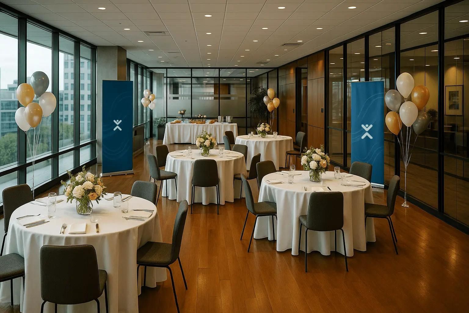 Decorated banquet hall with round tables, white linens, gold balloons, and glass walls
