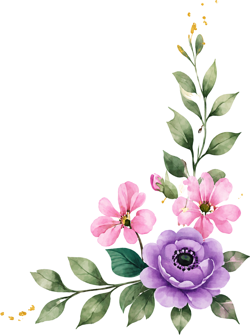 Watercolor floral corner with pink and purple flowers and green leaves on a white background