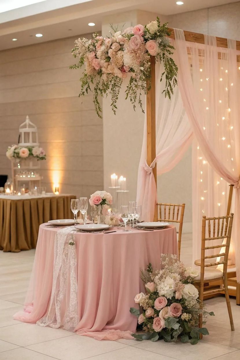 Pink floral wedding reception table with draped linens, gold chairs, and an elegant backdrop.