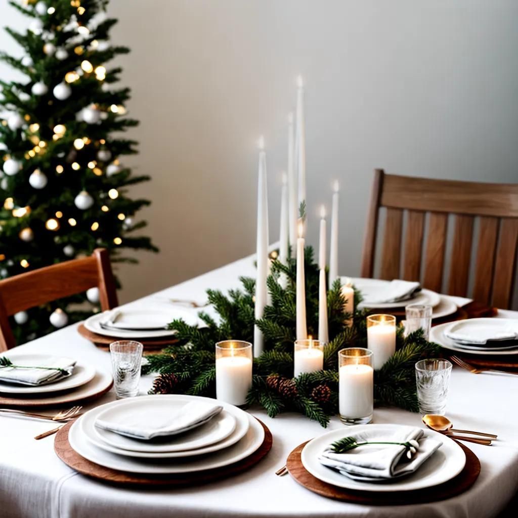 Festive dining table set with candles, white dishes, and a lit Christmas tree in the background
