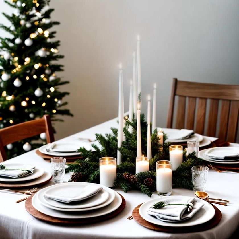 Festive dining table set with candles and greenery beside a decorated Christmas tree