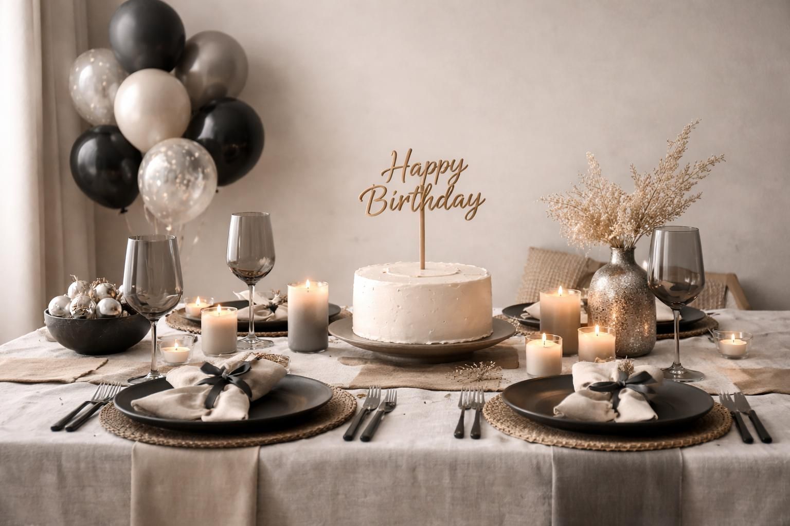 Birthday table setting with cake, candles, black and white balloons, and “Happy Birthday” sign