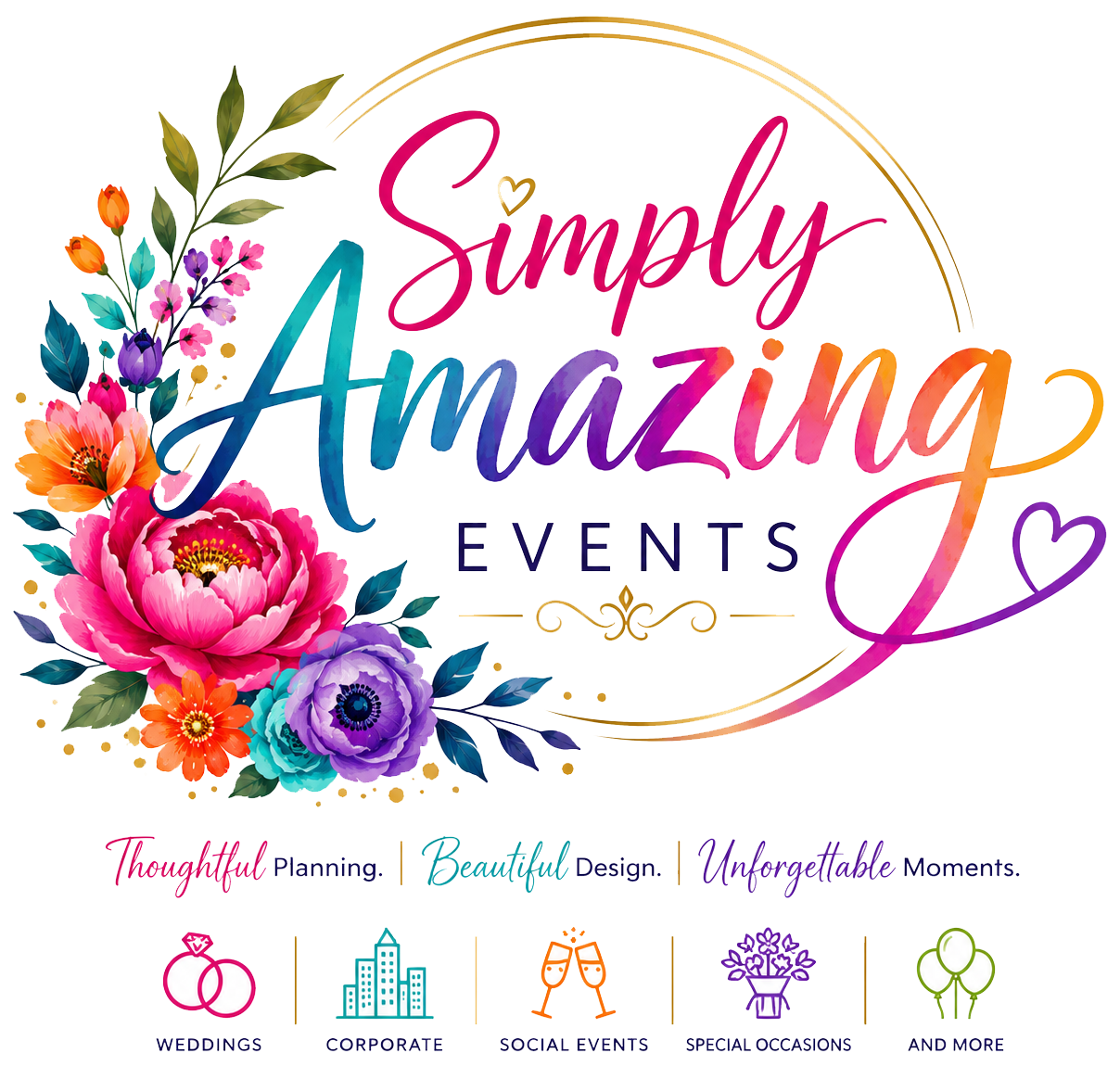 Simply Amazing Events logo with colorful flowers, gold and pink accents, and the tagline