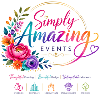 Simply Amazing Events logo with colorful flowers, gold and pink accents, and the tagline