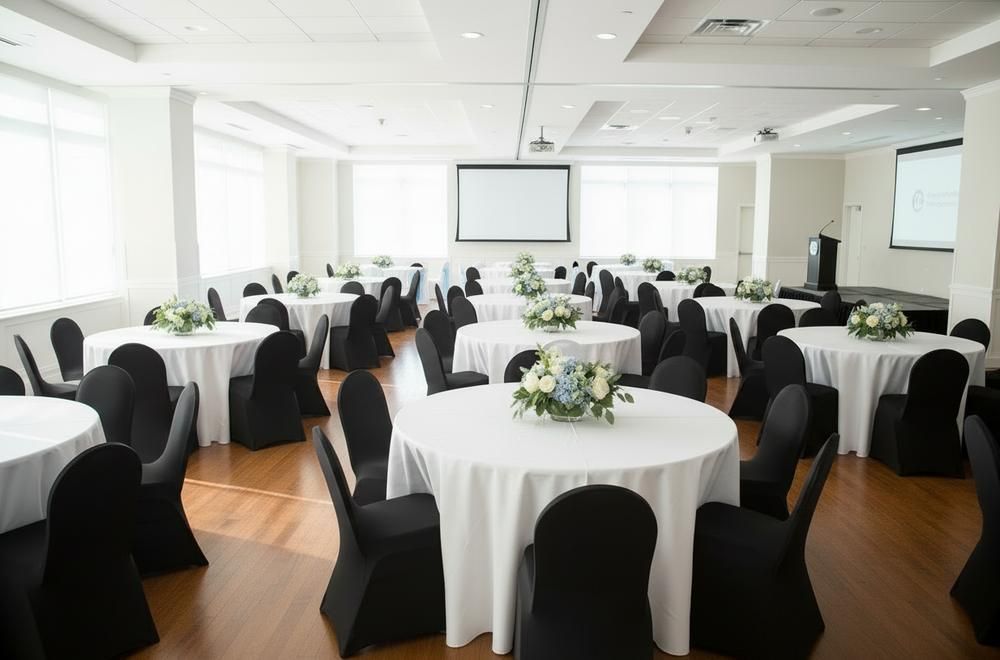 Bright banquet hall with round white-clothed tables, black chairs, and a projector screen at the front.