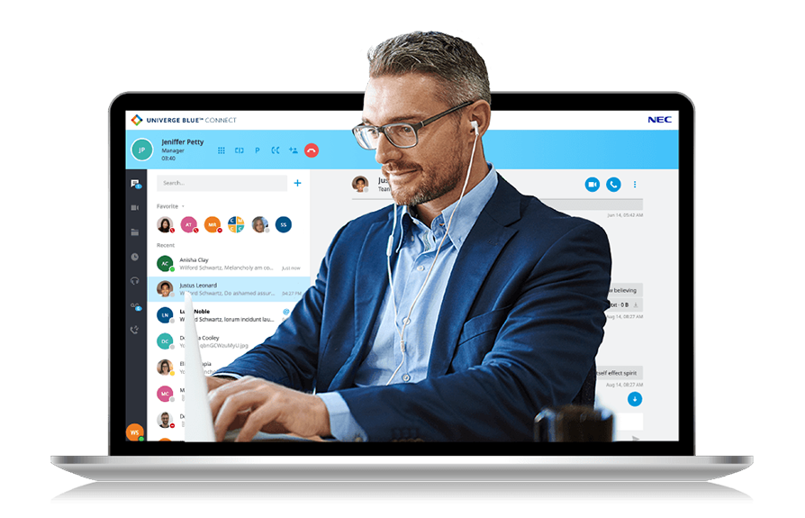 Man in Blue Blazer Typing on Laptop With Video Call Interface on Screen — Pacific Telephone & Data In Cardiff, NSW