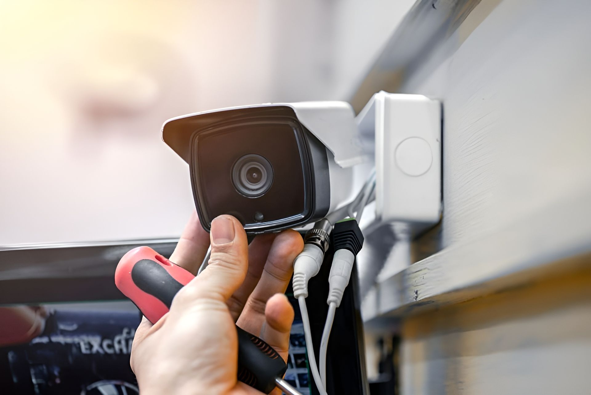 Person Installing Security Camera — Pacific Telephone & Data In Cardiff, NSW