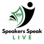 Speakers Speak Live logo with black and green abstract figure and text on white background