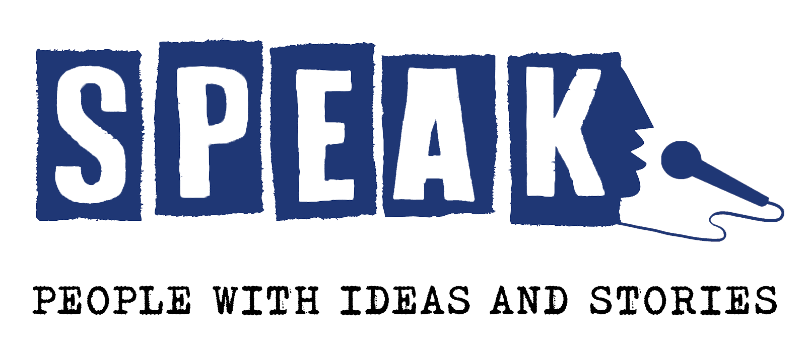 SPEAK logo with the tagline “People with ideas and stories” in blue and black.