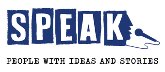 SPEAK logo with the tagline “People with ideas and stories” in blue and black.
