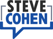 Steve Cohen logo in black and blue inside a blue speech bubble outline