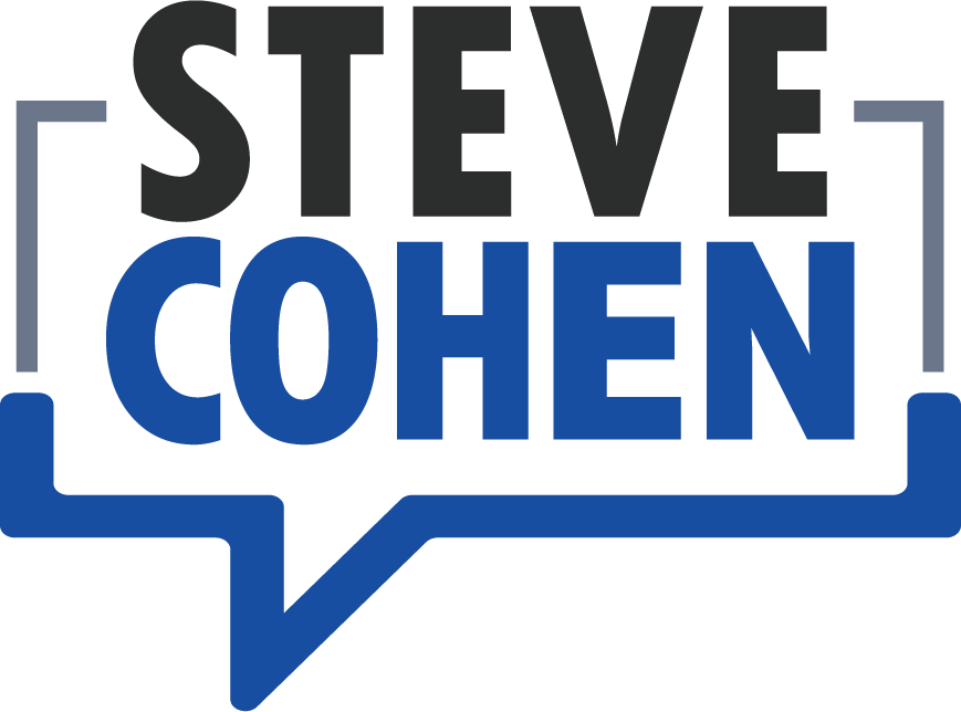 Steve Cohen logo in black and blue inside a blue speech bubble outline