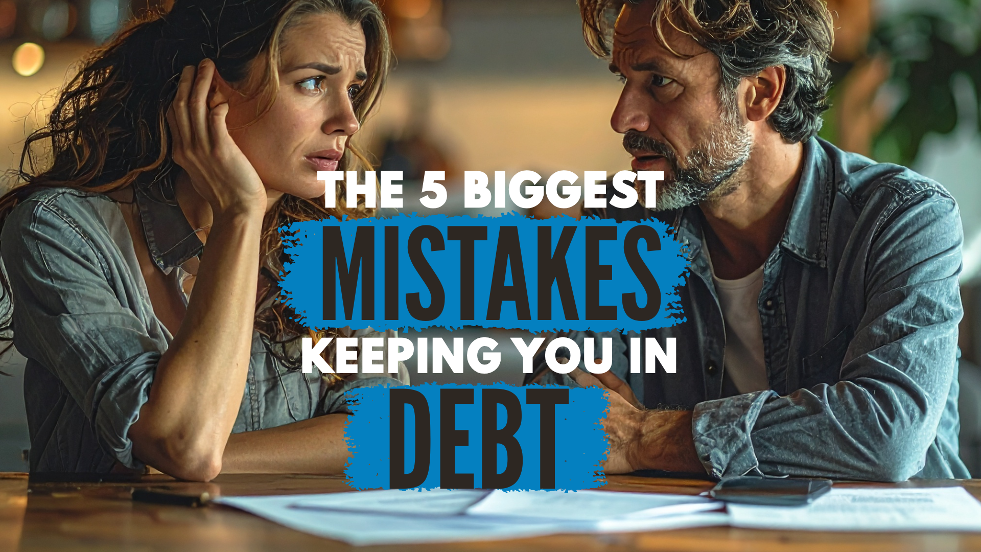 Couple looking stressed while discussing finances at a table, representing common money mistakes tha