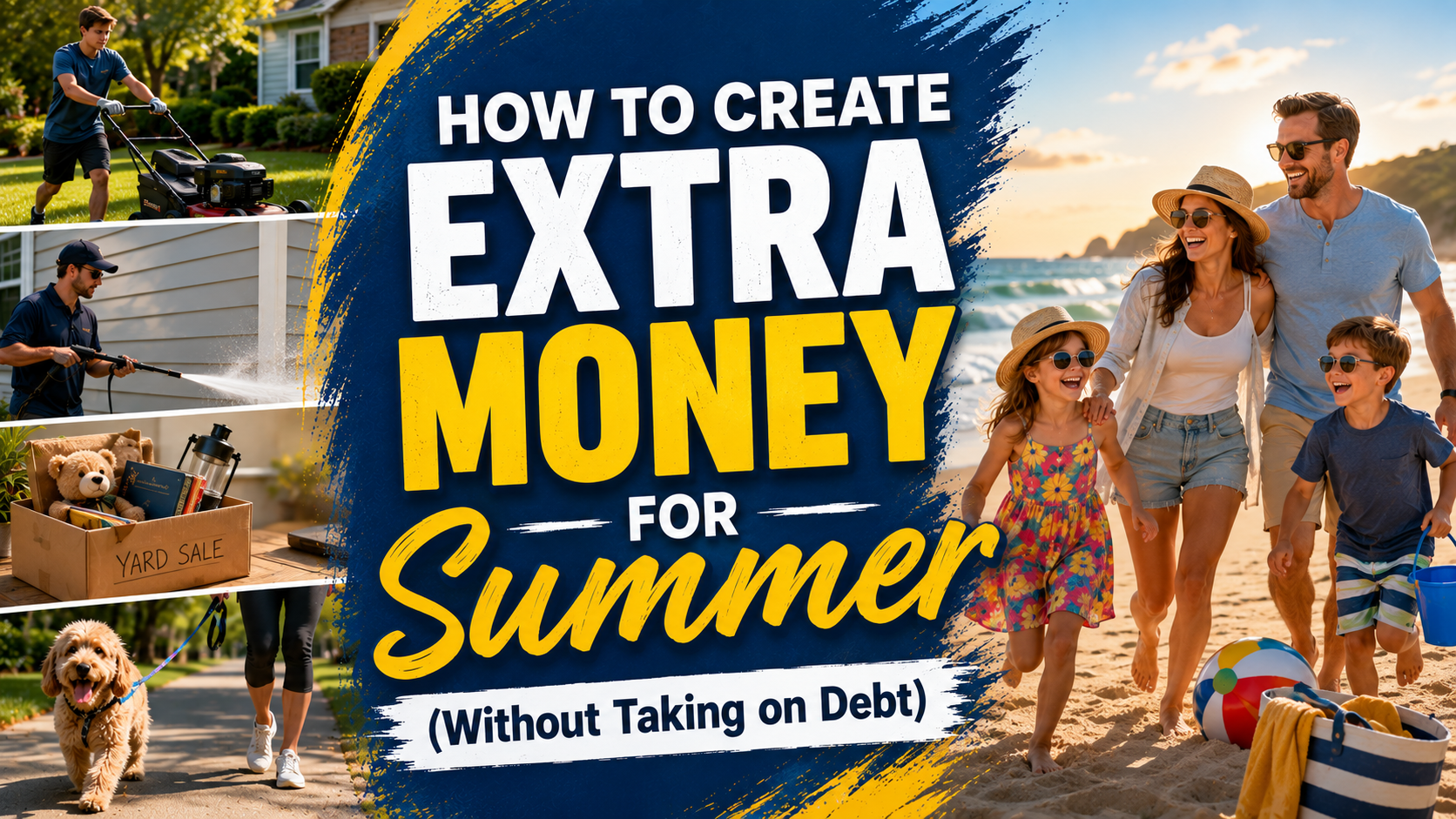 Summer money-making promotional graphic with beach photos and bold text: “How to Create Extra Money This Summer Without Taking on Debt”