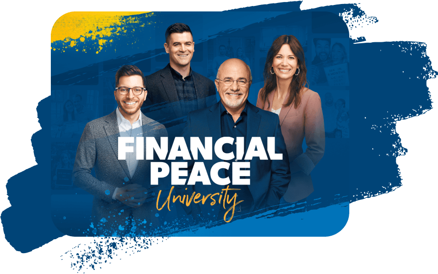 A group of people are standing next to each other in front of a blue brush stroke that says financial peace university.