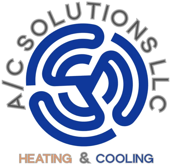 Blue logo for A/C Solutions LLC, featuring a circular, three-pronged fan design with 