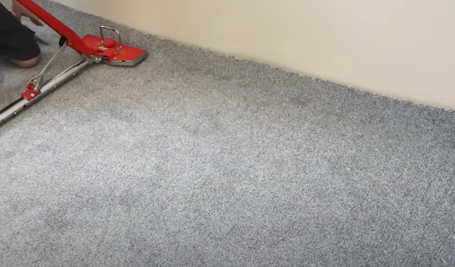 A person is cleaning a carpet with a mop.