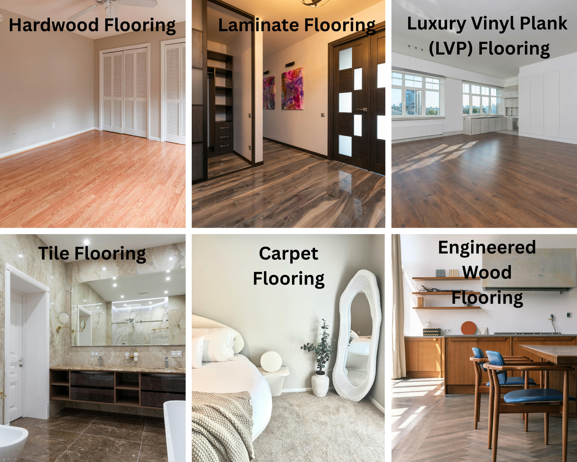 Engineered Wood Flooring
Laminate Flooring
Tile Flooring
Hardwood Flooring
Carpet Installation
