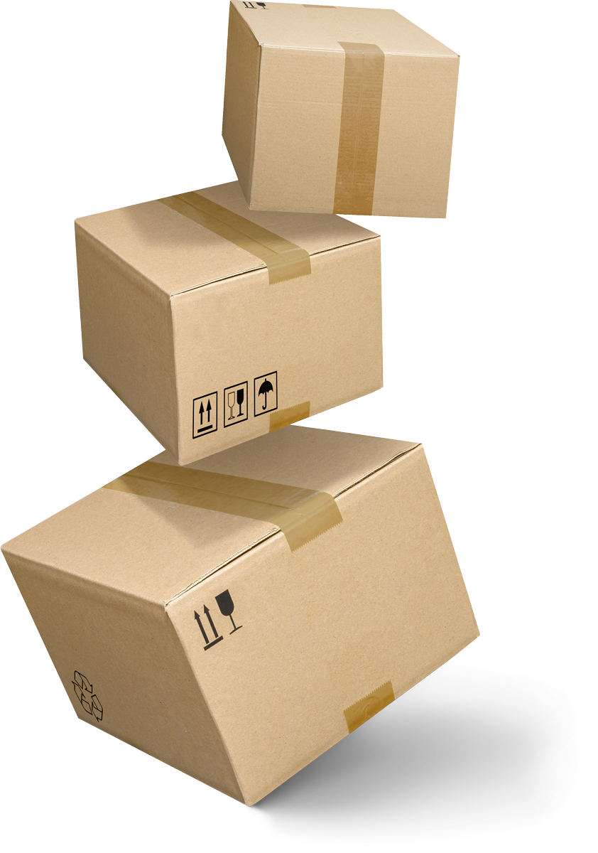 Three cardboard boxes stacked precariously, possibly falling. Three cardboard boxes stacked precariously, possibly falling.