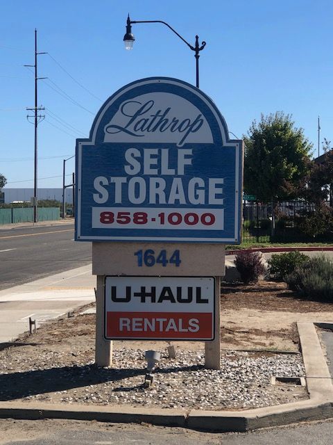 Sign for Lathrop Self Storage, with 