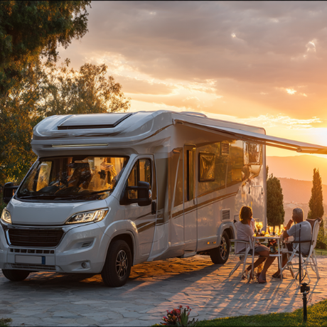 RV parked in campsite during sunset, people sit at a table under the awning.