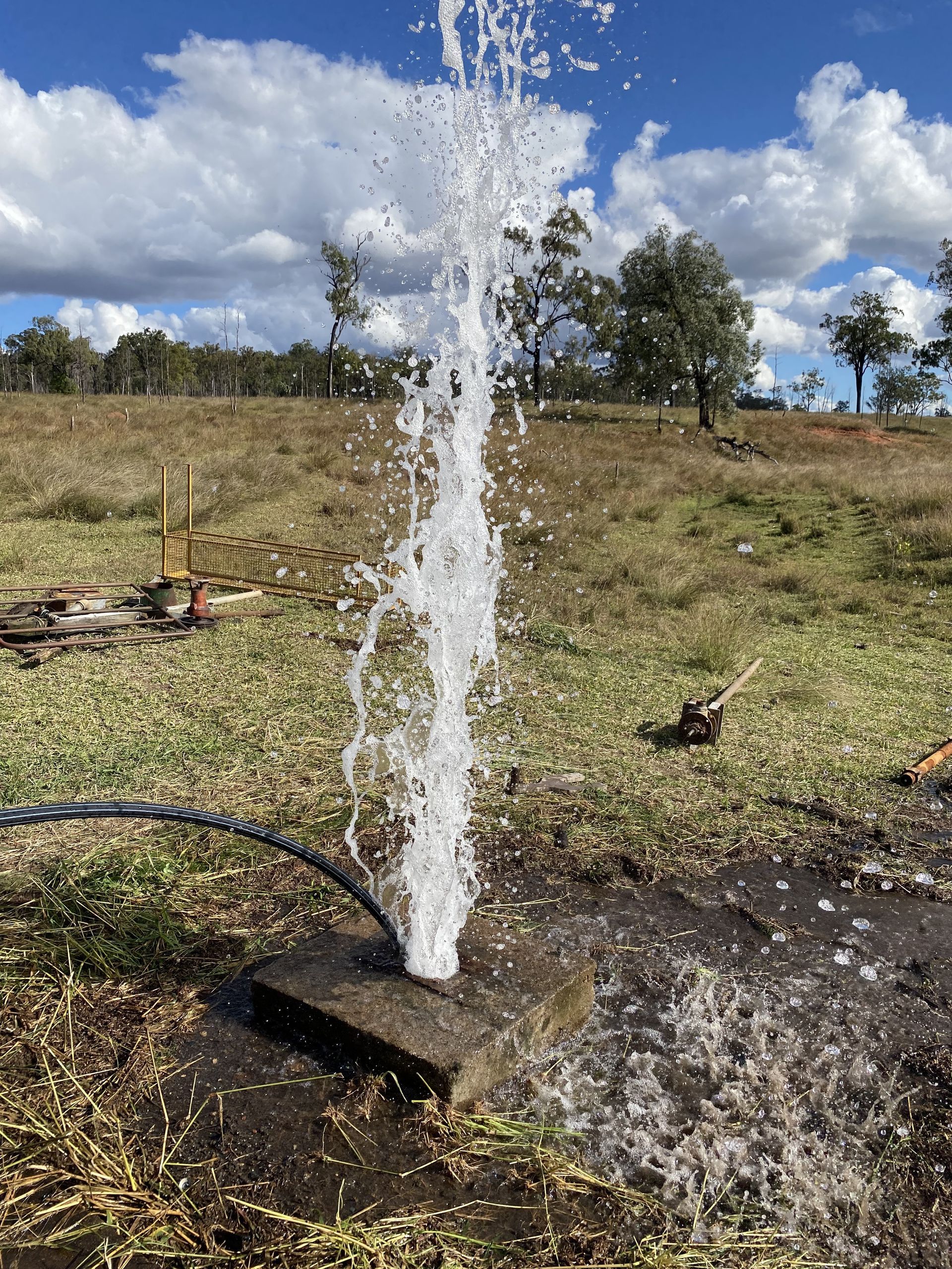 Water Spurting From a Well in a Grassy Field on a Sunny Day — Local Drilling Services In South Burnett, QLD