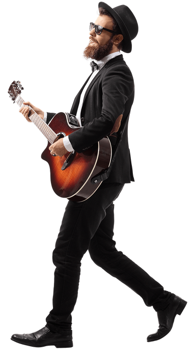 man walking with guitar