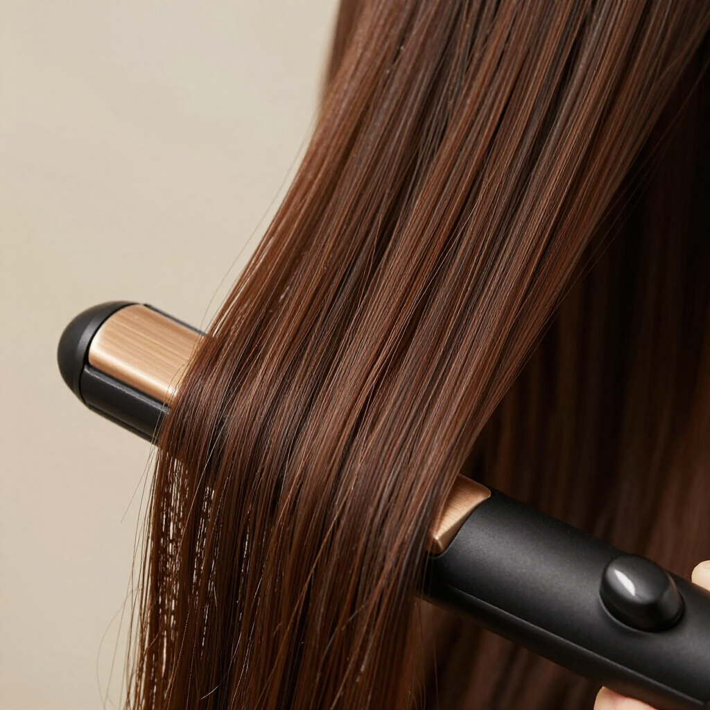 Una rizadora de pelo presiona una sección de cabello largo, liso y castaño, creando patrones ondulados con textura de zigzag.