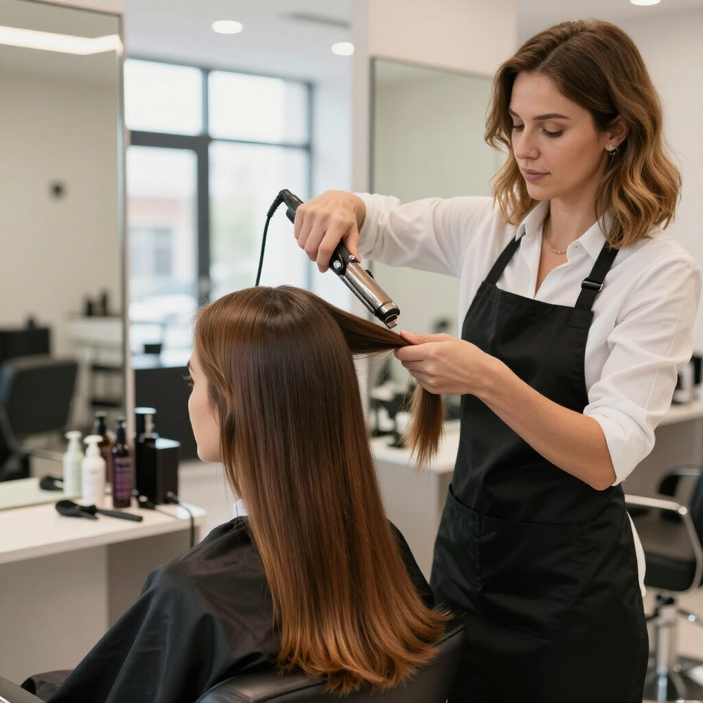 En una peluquería luminosa y moderna, una estilista utiliza una rizadora en el largo cabello castaño de una clienta.