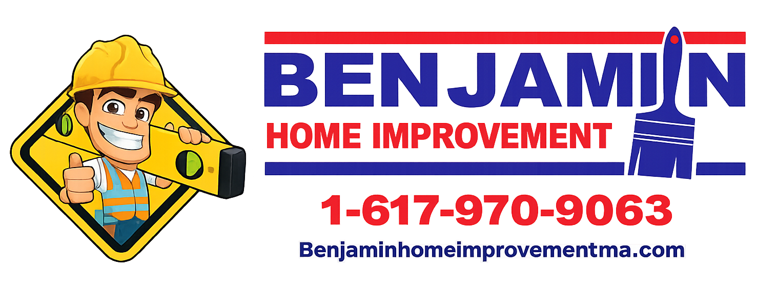 Benjamin Home Improvement logo with yellow cartoon worker, blue-red text, phone number, and website