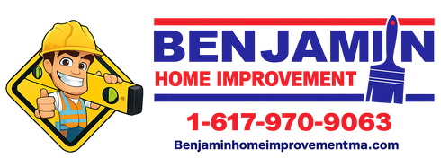 Benjamin Home Improvement logo with yellow cartoon worker, blue-red text, phone number, and website