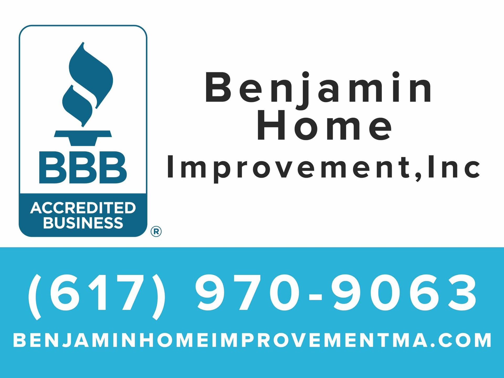 Benjamin Home Improvement, Inc. BBB accredited business logo with blue contact info and website on white background