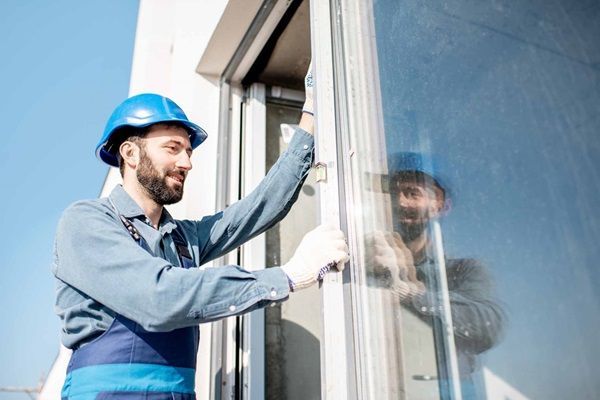 Worker in blue hard hat adjusting a window on a building exterior