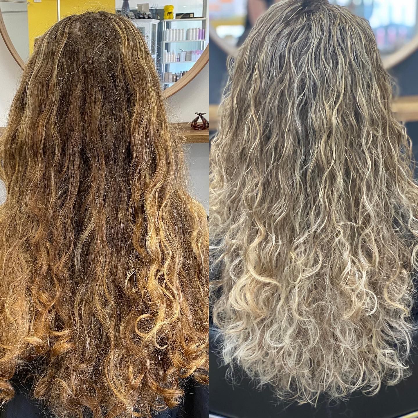 Side-by-side Comparison Of Long Wavy Hair: Frizzy Brown Before And Lighter Defined Curls After — Oh So Blonde Hair Studio in Kawana, QLD