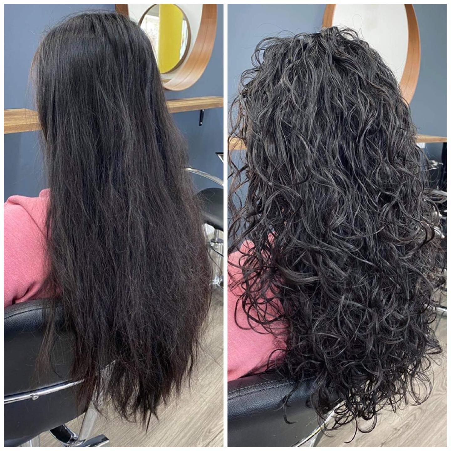 Before-and-after Salon Photo Of Long Dark Hair Transformed From Straight To Curly — Oh So Blonde Hair Studio in Kawana, QLD