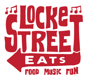 Red Locke Street Eats logo with music notes and the words Food Music Fun
