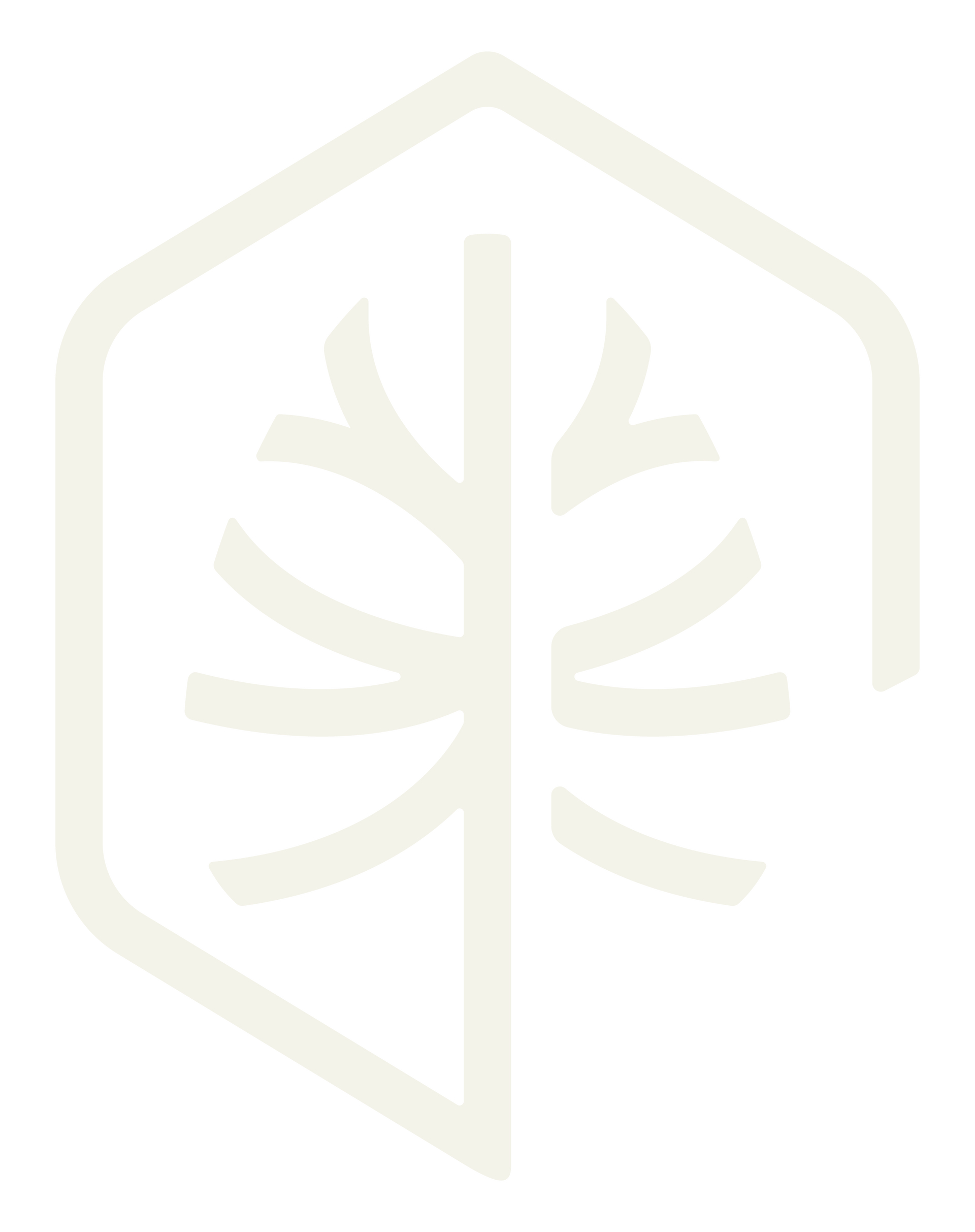 Pale green leaf emblem inside a hexagon outline on a white background