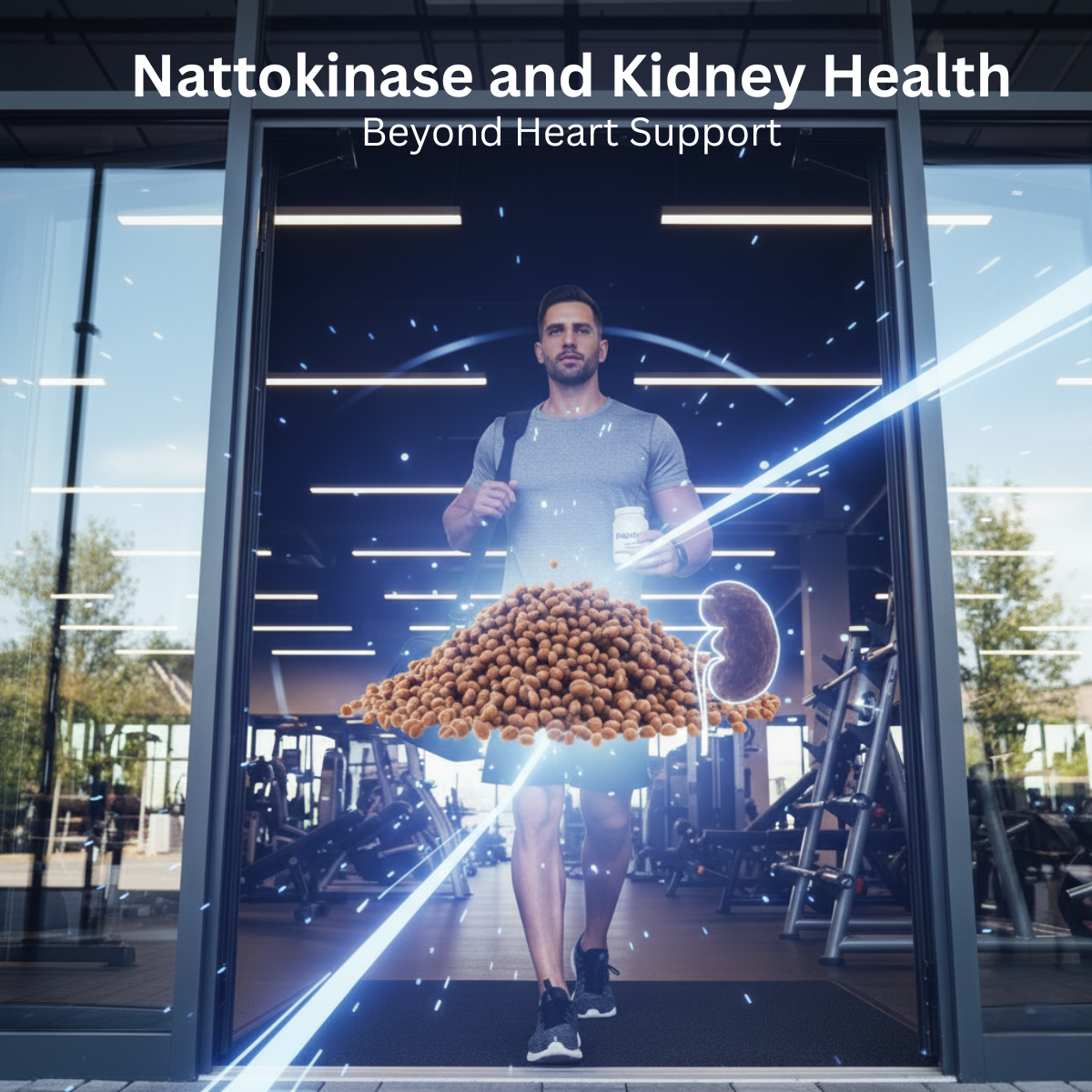 Man walking towards gym doorway, with pile of natto and kidney illustration. Text:
