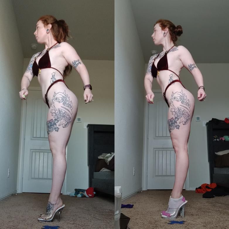 Two side-by-side photos of a person in a bikini posing in a room. They have tattoos on their legs and arm.