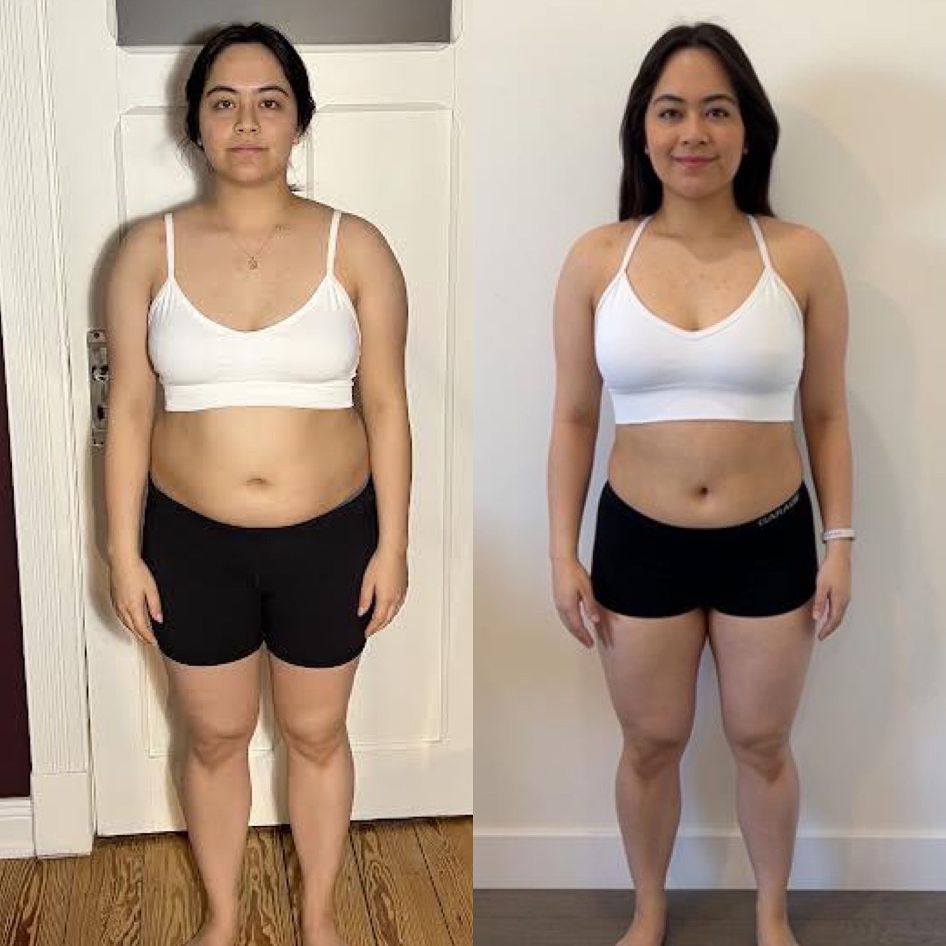 Side-by-side photos of a woman wearing a white bra and black shorts. Left photo is before, right is after weight loss.