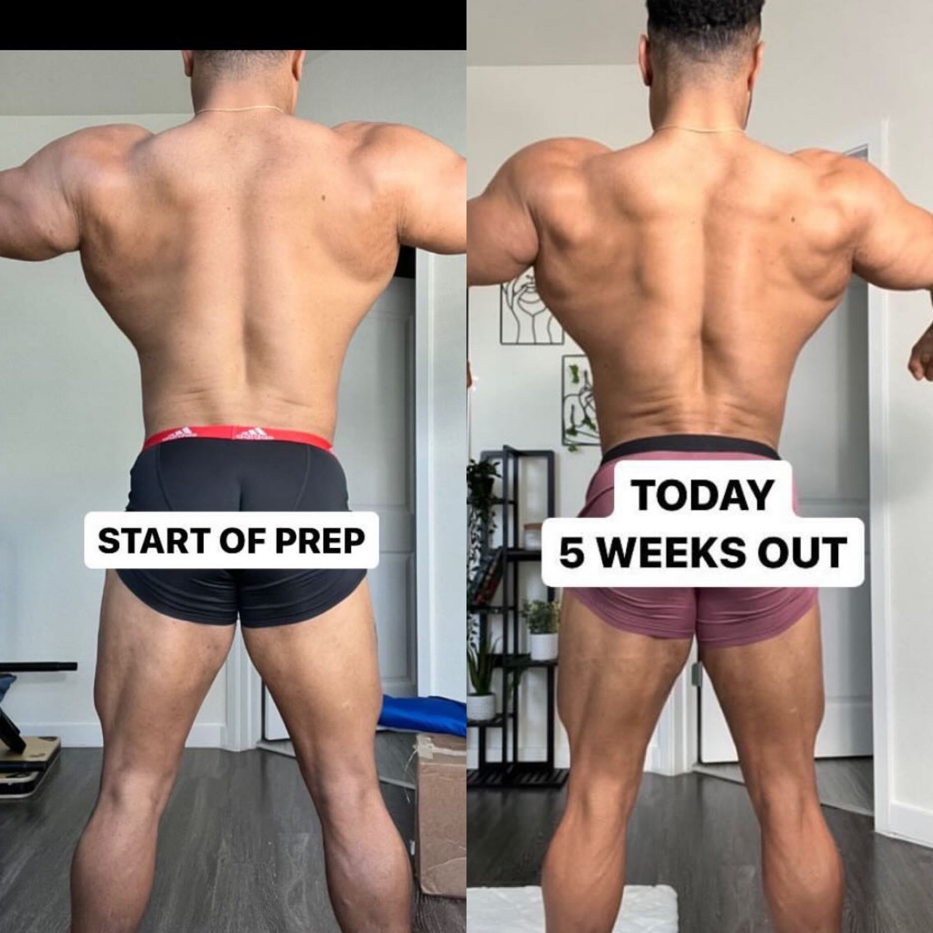 Side-by-side comparison of a bodybuilder's back. Left: 