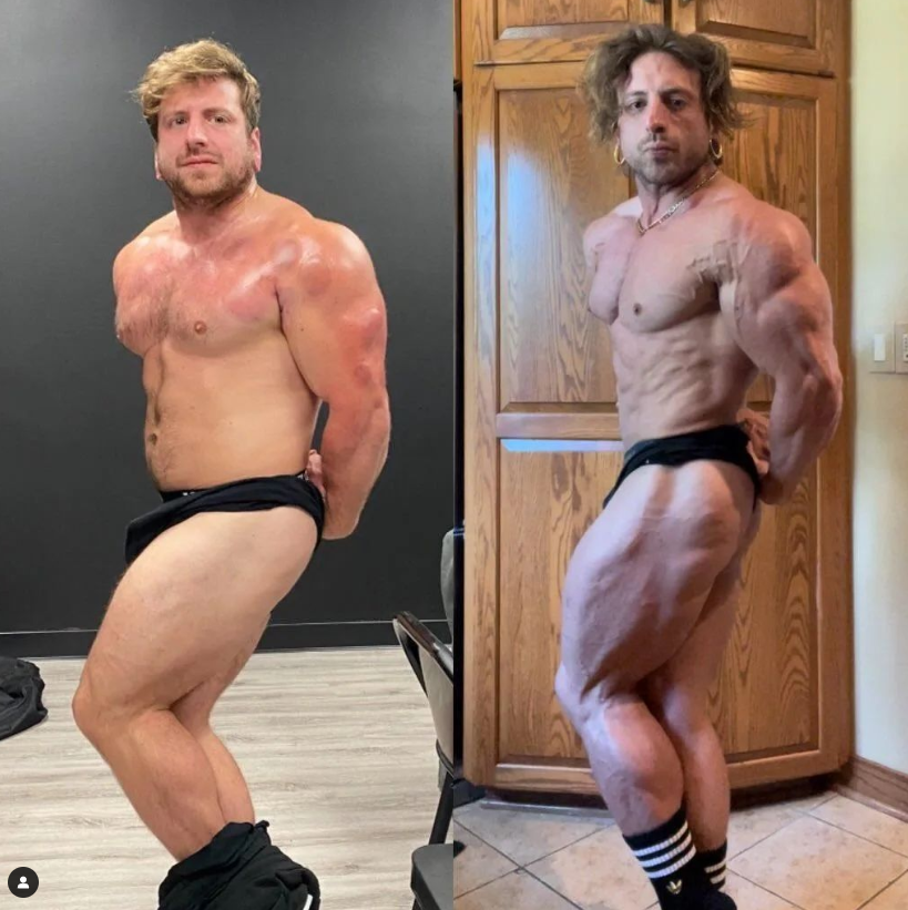 Two muscular bodybuilders side by side, one appearing larger, both oiled. Interior setting, one with a dark wall background, one with a wooden cabinet.
