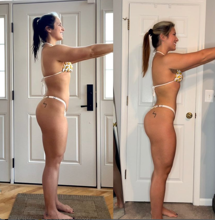 Side-by-side photos of a person in a bikini, body transformation progress. Dark hair in the first photo, light hair in the second.