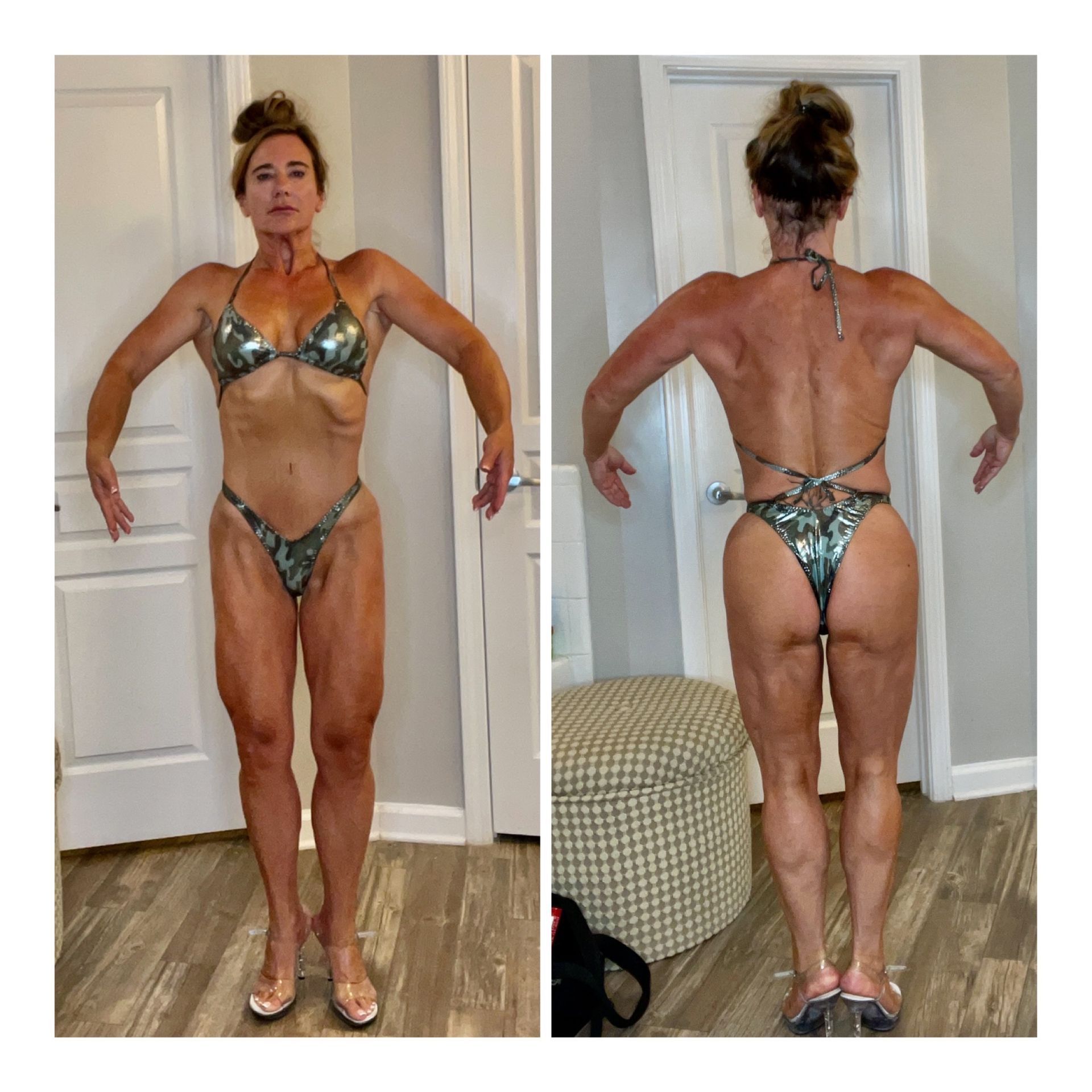Woman in a sparkling bikini poses front and back, flexing muscles. Indoor setting.