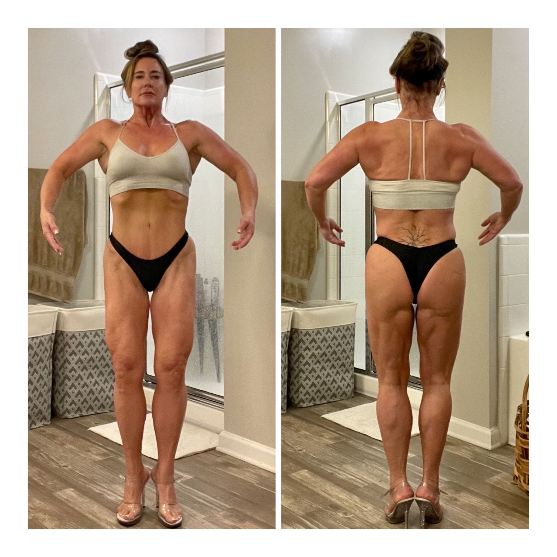 Woman in gym attire posing, showing front and back views, in a bathroom setting.