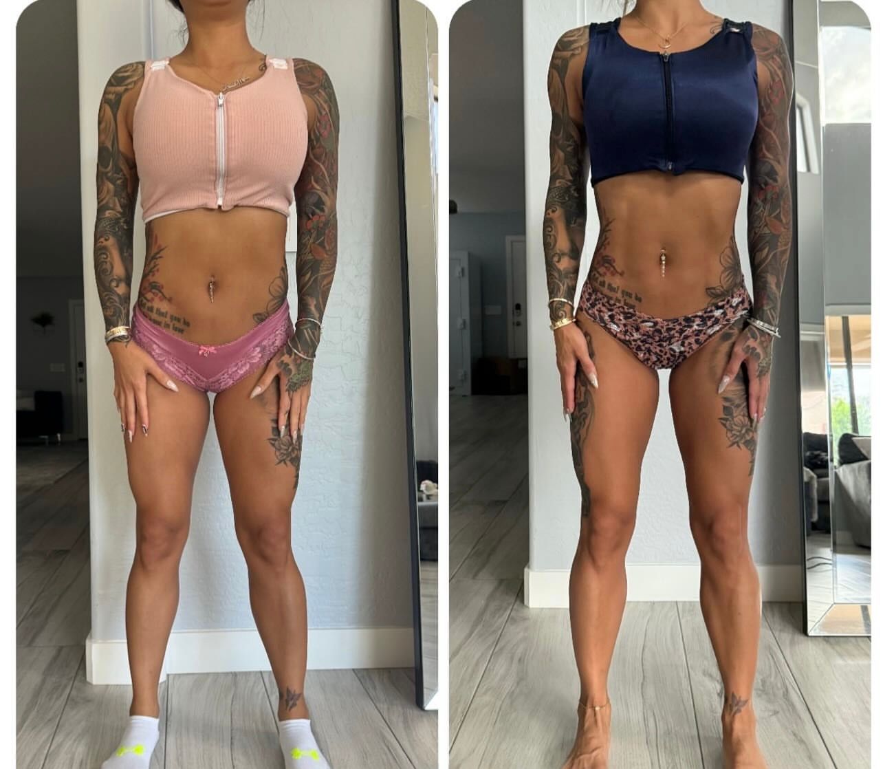 Side-by-side photos of a person in athletic wear, showing body transformation.