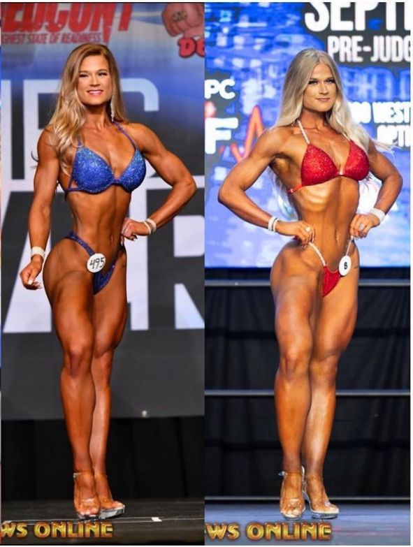 Two women in bikinis flexing onstage, tanned skin, bodybuilding competition.